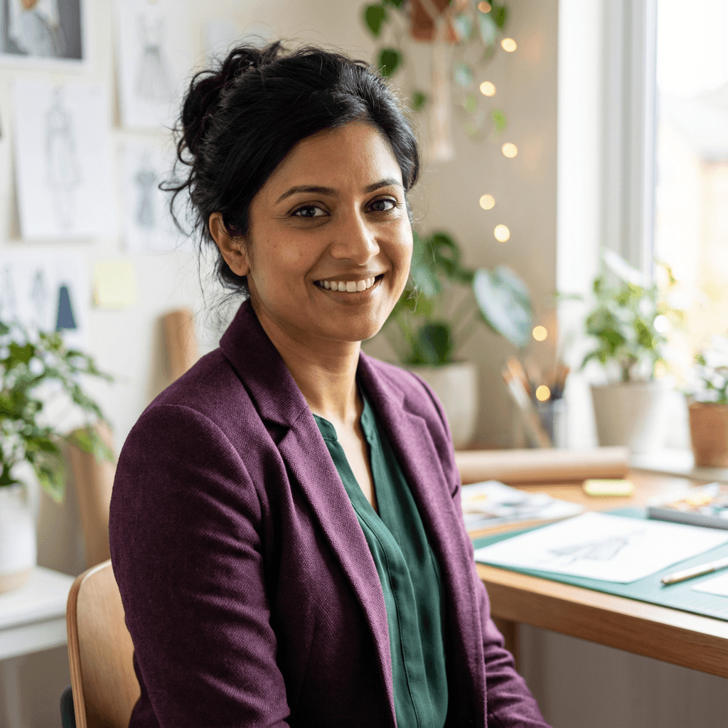 Meera Patel, female client in late 20s, South Asian, relaxed expression
