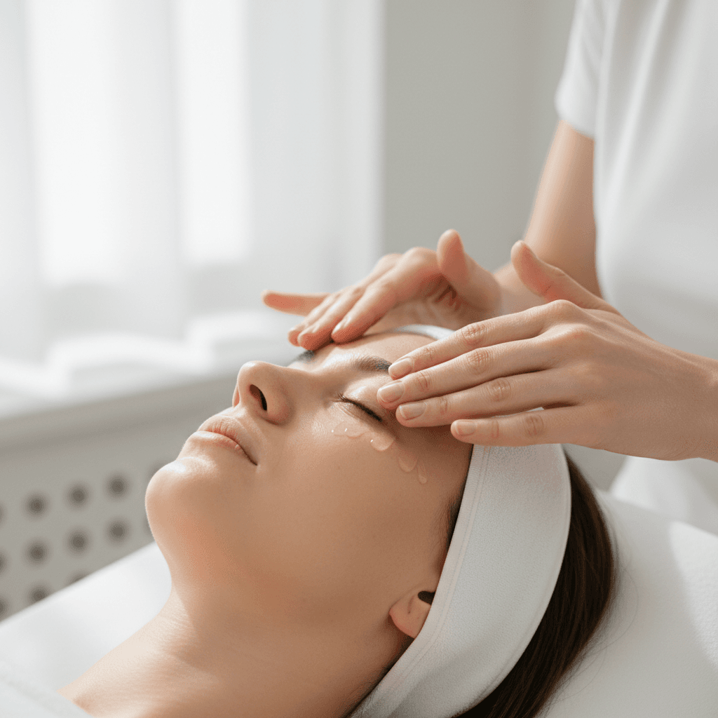 Skincare professional applying serum to a client's face