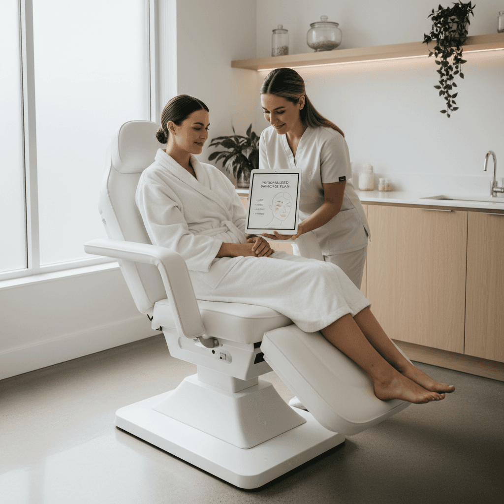 Esthetician reviewing a skincare plan with client
