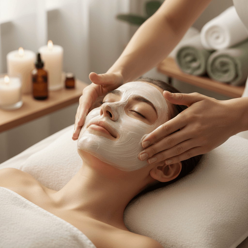 Skincare professional applying moisturizer during a facial treatment