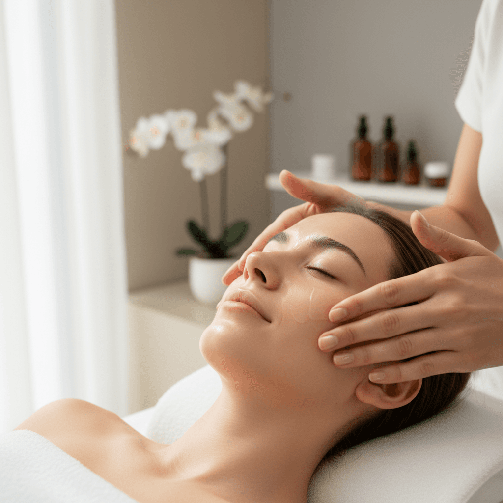 Skincare professional applying serum to a client's face in a bright Toronto studio