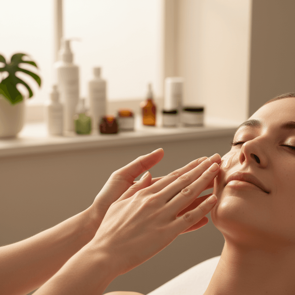 Skincare specialist applying serum to a client's cheek in a calm Toronto studio